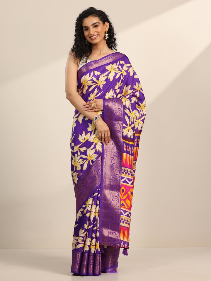 Purple Printed Silk Blend Saree With Unstitched Blouse Piece