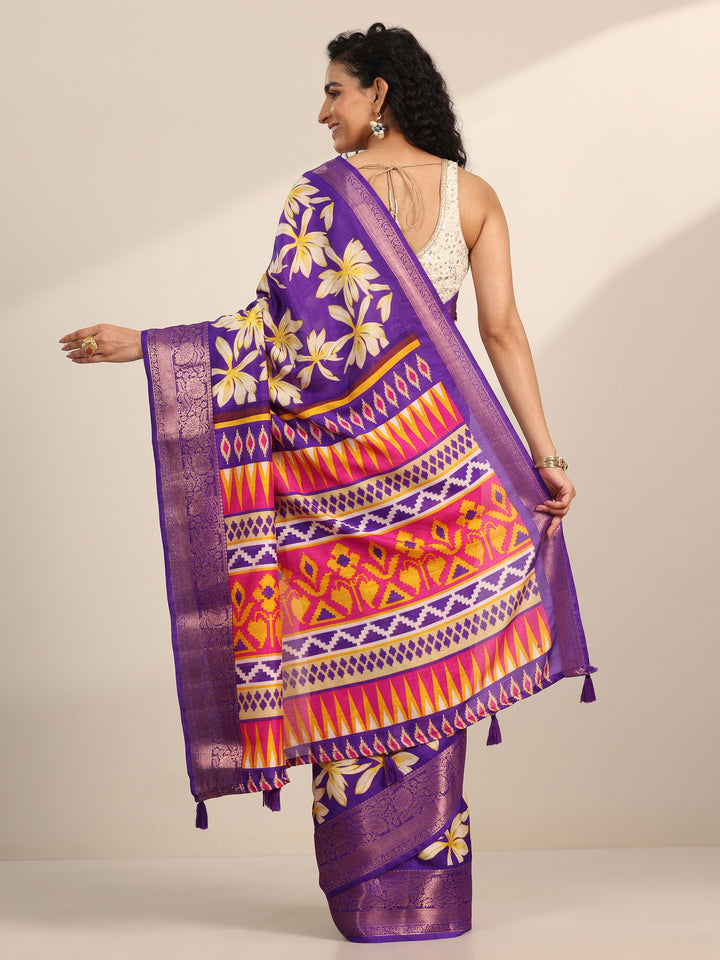 Purple Printed Silk Blend Saree With Unstitched Blouse Piece