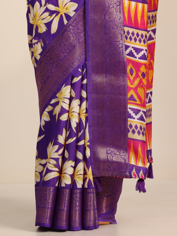 Purple Printed Silk Blend Saree With Unstitched Blouse Piece