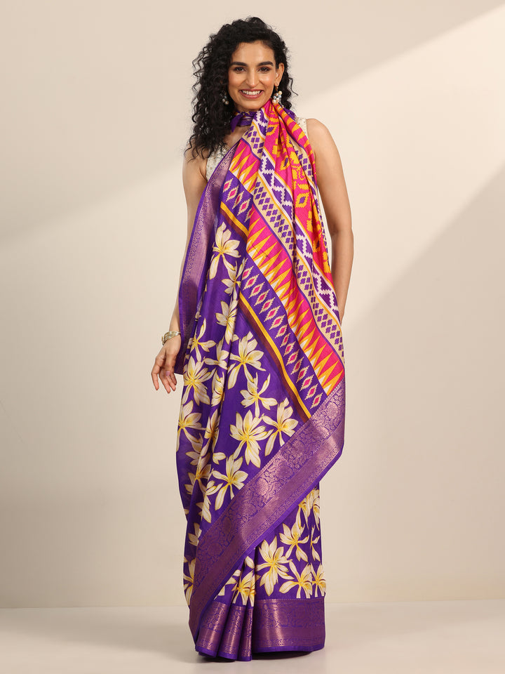Purple Printed Silk Blend Saree With Unstitched Blouse Piece