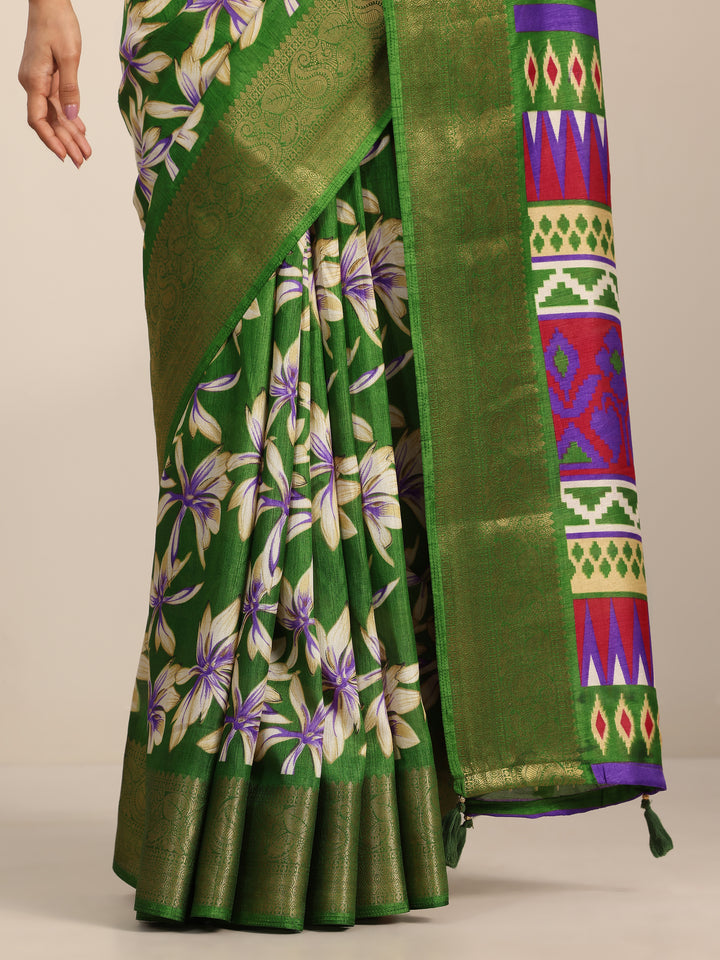 Green Printed Silk Blend Saree With Unstitched Blouse Piece