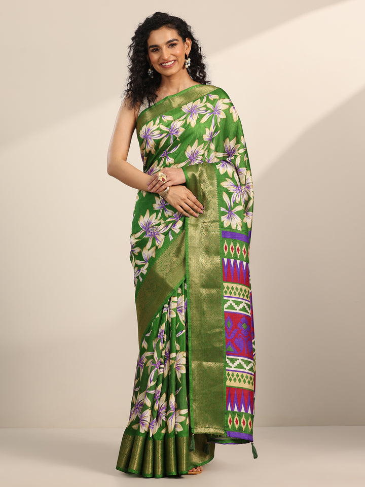 Green Printed Silk Blend Saree With Unstitched Blouse Piece
