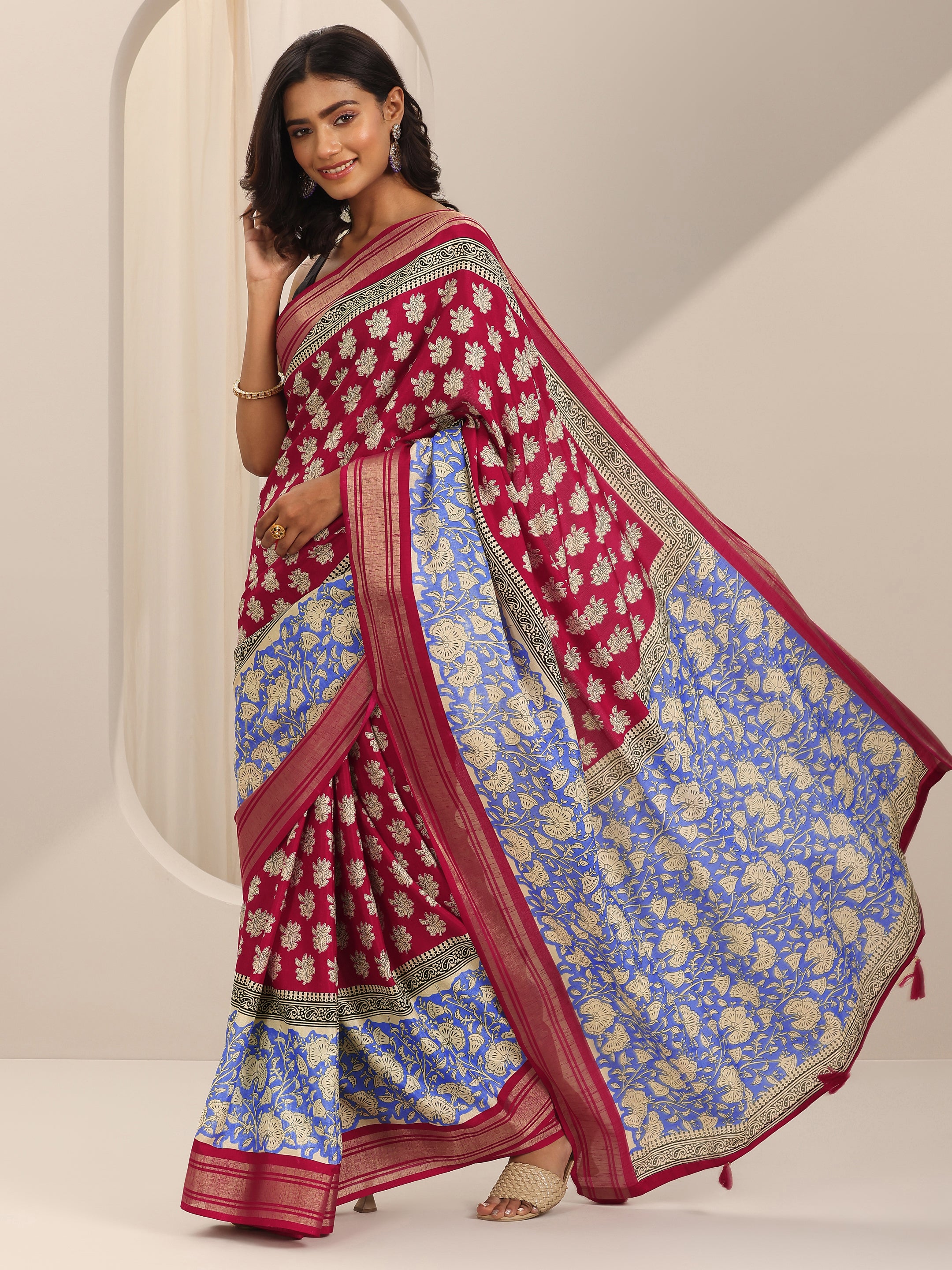 Burgundy Printed Silk Blend Sarees With Unstitched Blouse Piece