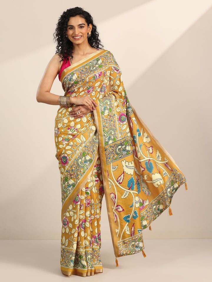 Mustard Printed Georgette Saree With Unstitched Blouse Piece