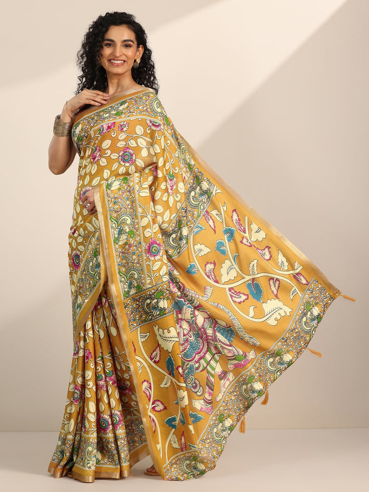 Mustard Printed Georgette Saree With Unstitched Blouse Piece