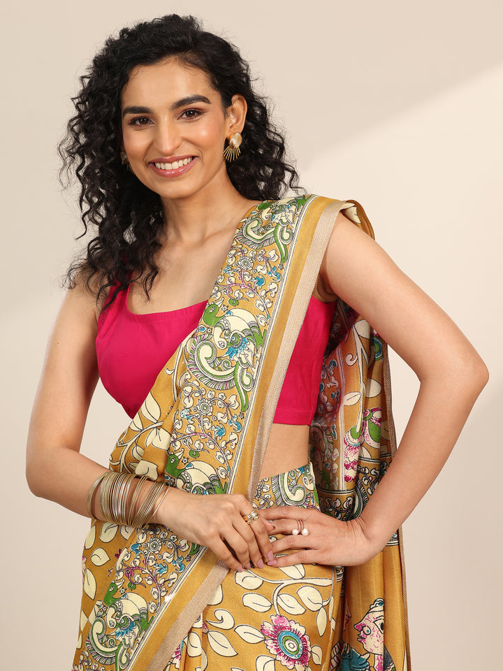 Mustard Printed Georgette Saree With Unstitched Blouse Piece