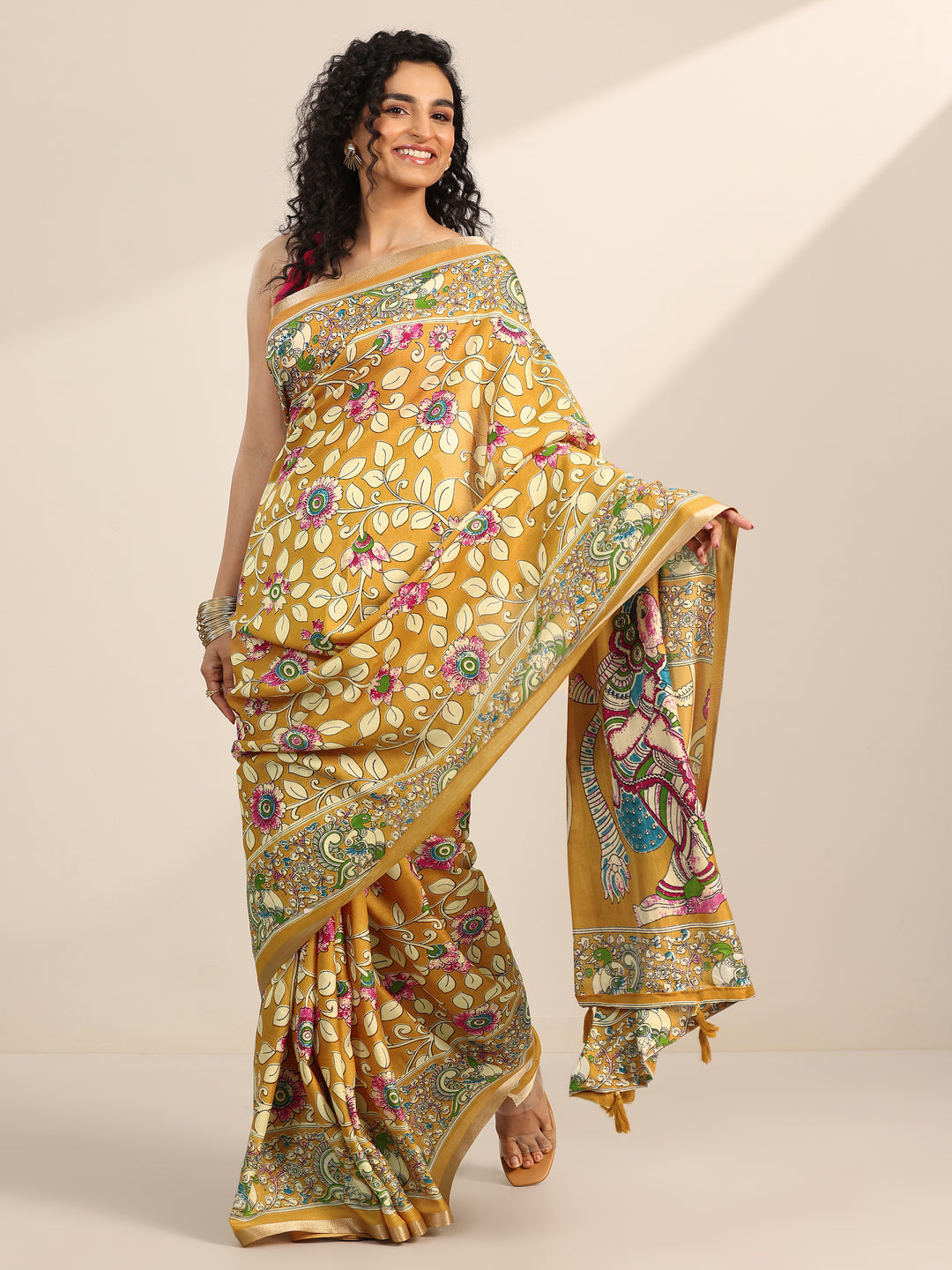 Mustard Printed Georgette Saree With Unstitched Blouse Piece