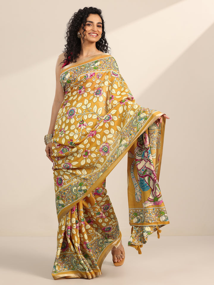 Mustard Printed Georgette Saree With Unstitched Blouse Piece