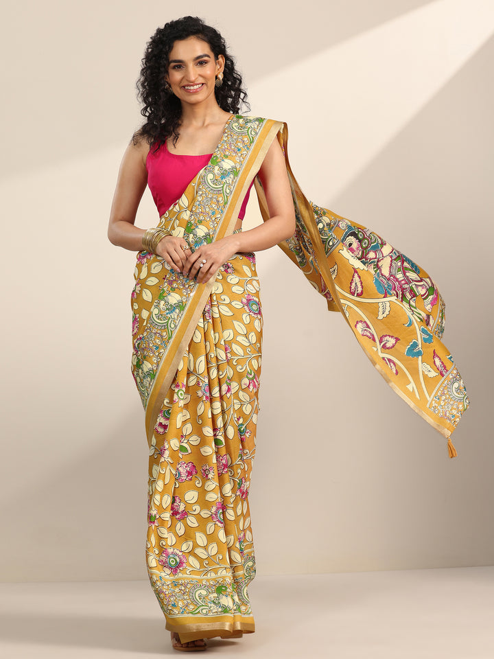Mustard Printed Georgette Saree With Unstitched Blouse Piece