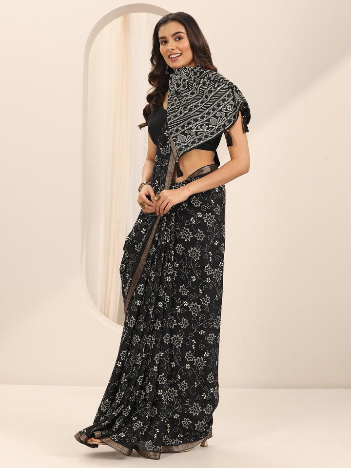 Black Printed Georgette Saree With Unstitched Blouse Piece