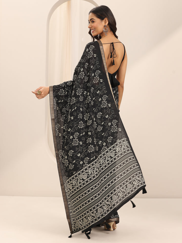 Black Printed Georgette Saree With Unstitched Blouse Piece