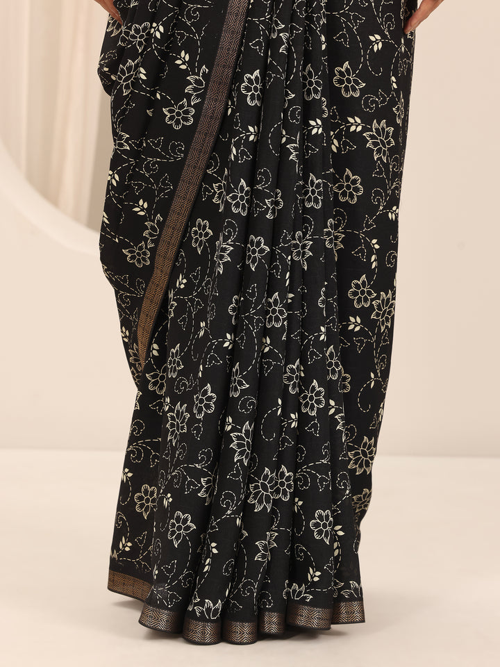 Black Printed Georgette Saree With Unstitched Blouse Piece