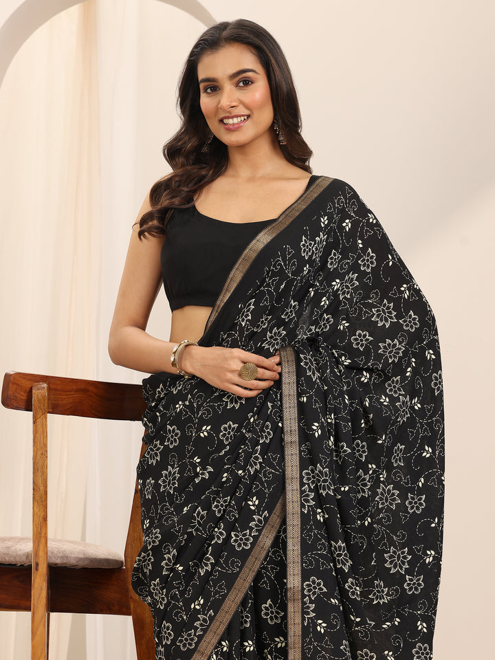 Black Printed Georgette Saree With Unstitched Blouse Piece