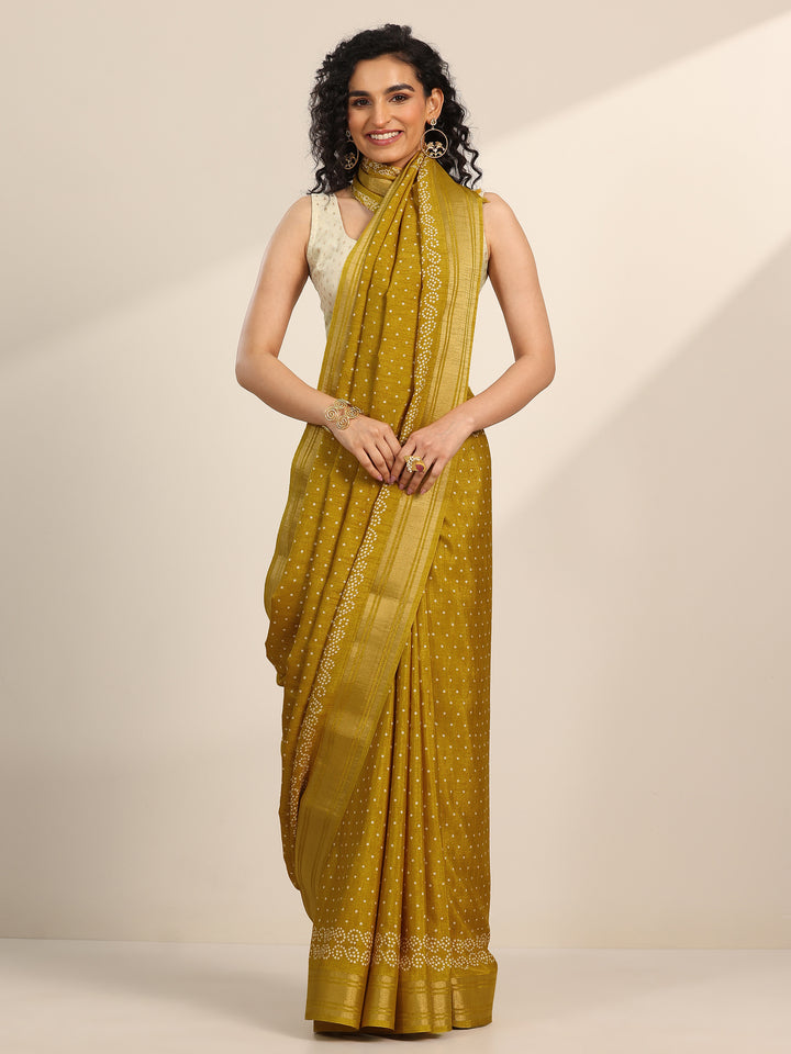 Mustard Printed Georgette Saree With Unstitched Blouse Piece