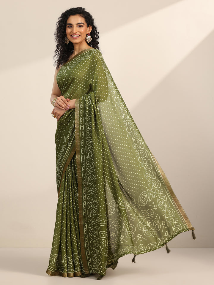 Green Printed Georgette Saree With Unstitched Blouse Piece
