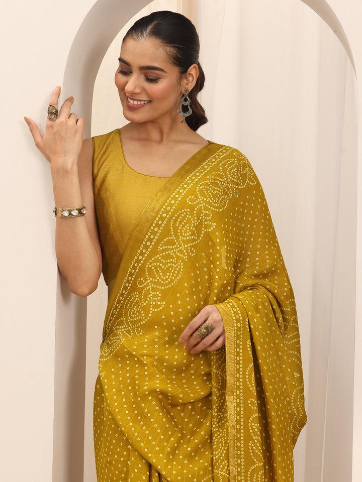 Mustard Printed Georgette Saree With Unstitched Blouse Piece