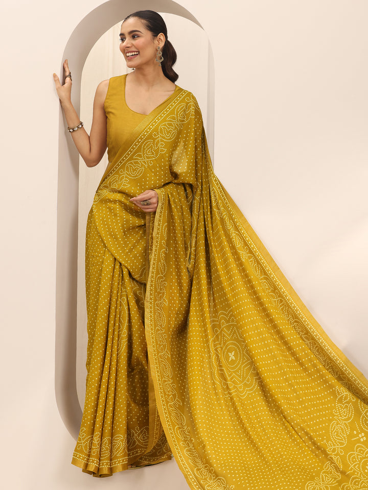 Mustard Printed Georgette Saree With Unstitched Blouse Piece