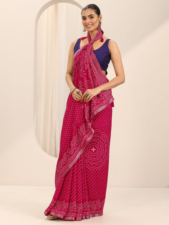 Pink Printed Georgette Saree With Unstitched Blouse Piece