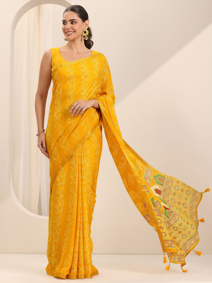 Yellow Printed Georgette Saree With Unstitched Blouse Piece
