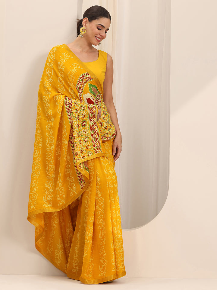 Yellow Printed Georgette Saree With Unstitched Blouse Piece