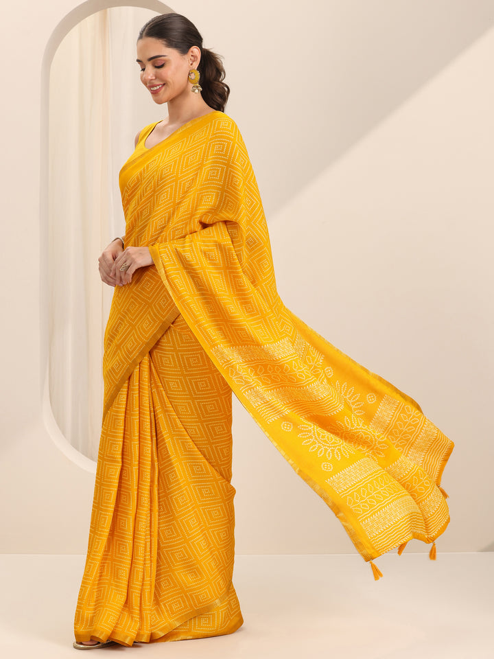 Yellow Printed Georgette Saree With Unstitched Blouse Piece