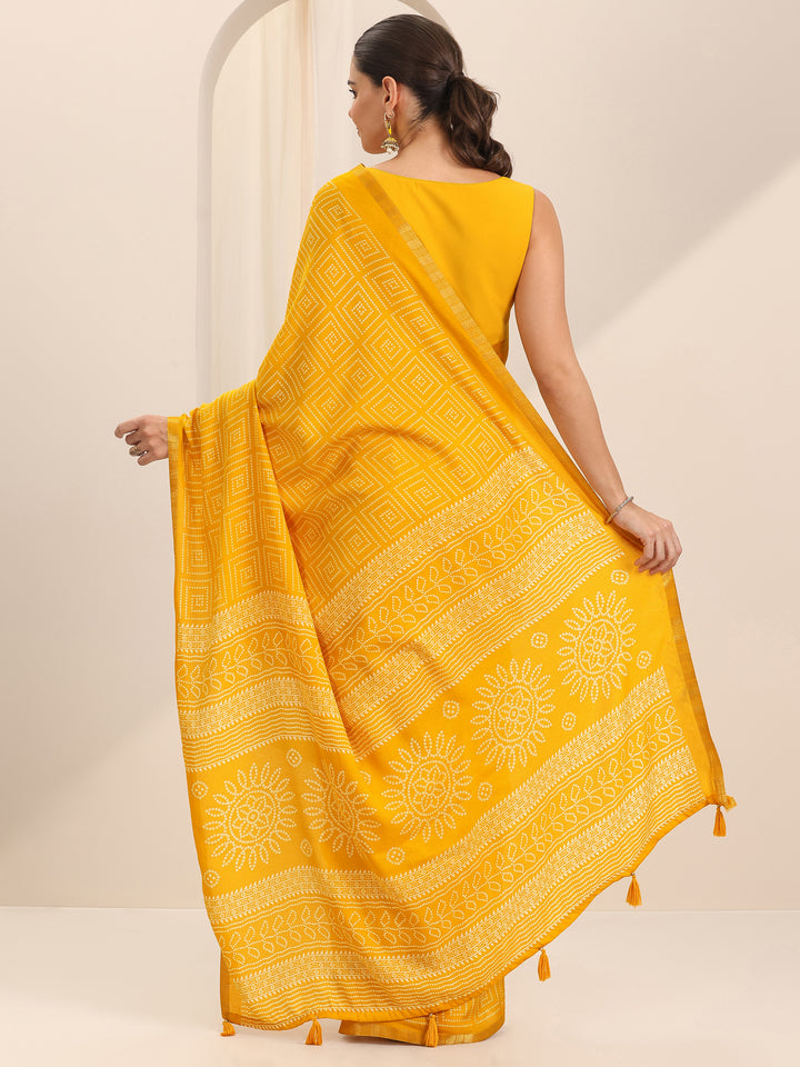 Yellow Printed Georgette Saree With Unstitched Blouse Piece