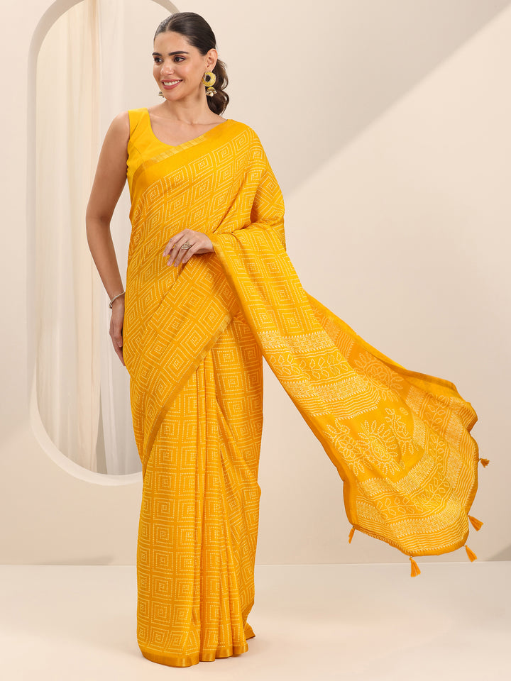 Yellow Printed Georgette Saree With Unstitched Blouse Piece