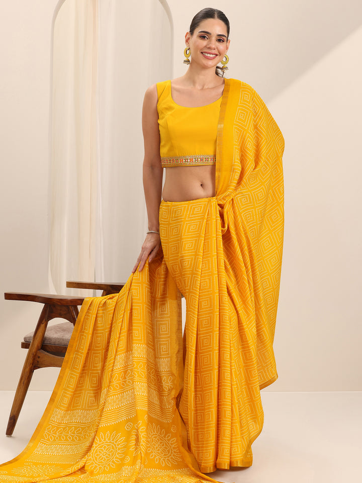 Yellow Printed Georgette Saree With Unstitched Blouse Piece