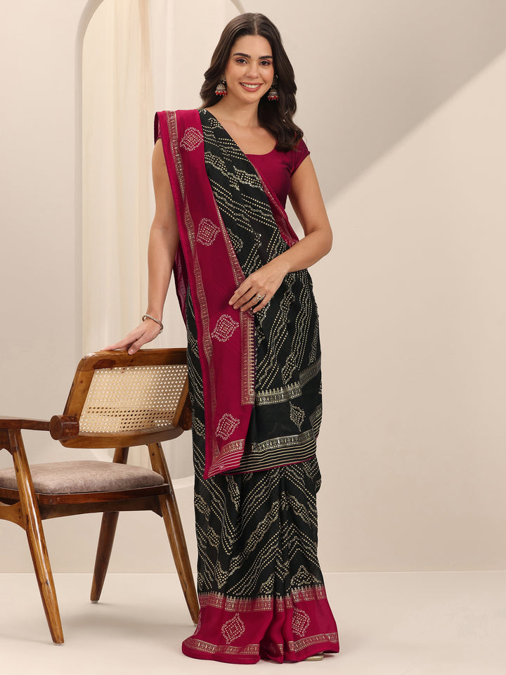 Black Printed Georgette Saree With Unstitched Blouse Piece