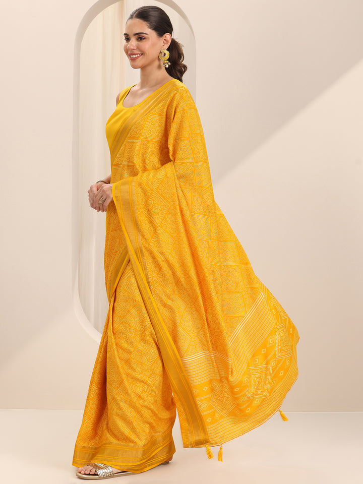 Yellow Printed Silk Blend Saree With Unstitched Blouse Piece
