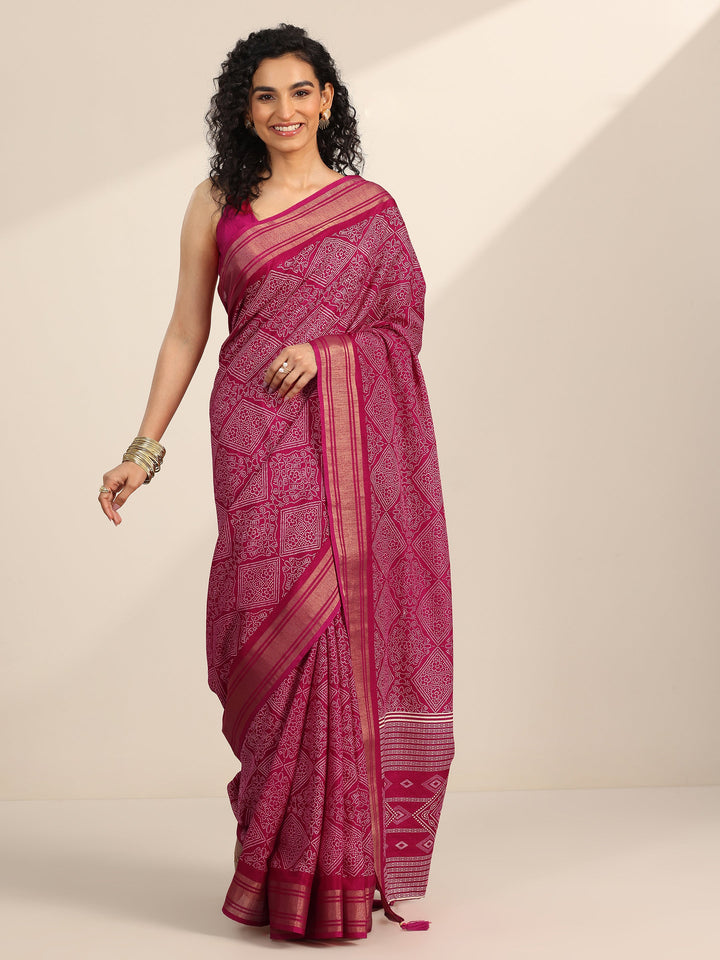 Pink Printed Silk Blend Saree With Unstitched Blouse Piece