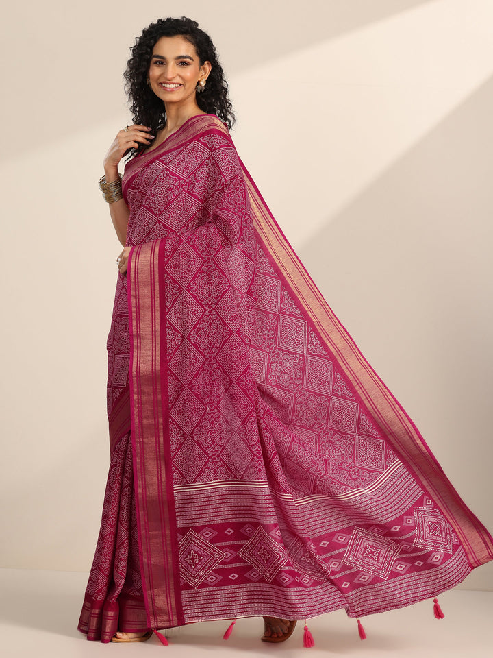 Pink Printed Silk Blend Saree With Unstitched Blouse Piece