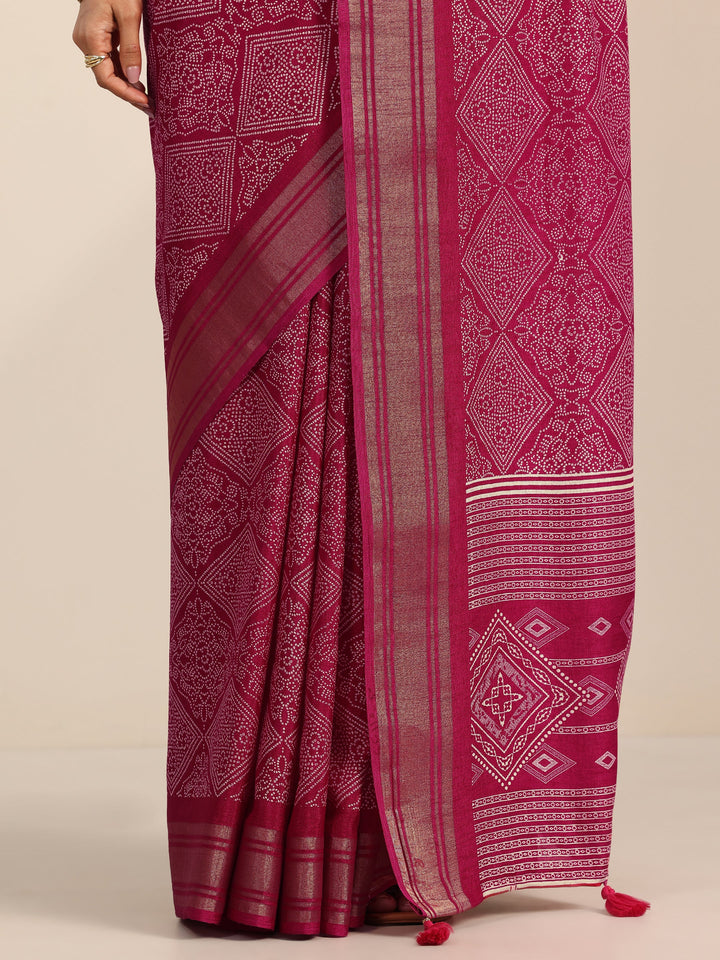 Pink Printed Silk Blend Saree With Unstitched Blouse Piece