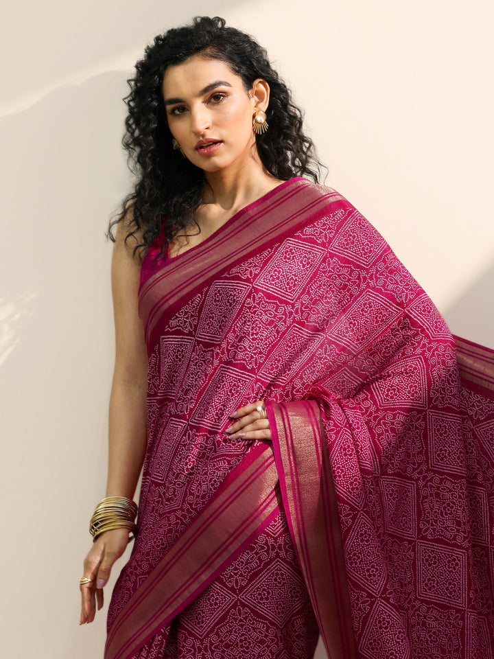Pink Printed Silk Blend Saree With Unstitched Blouse Piece