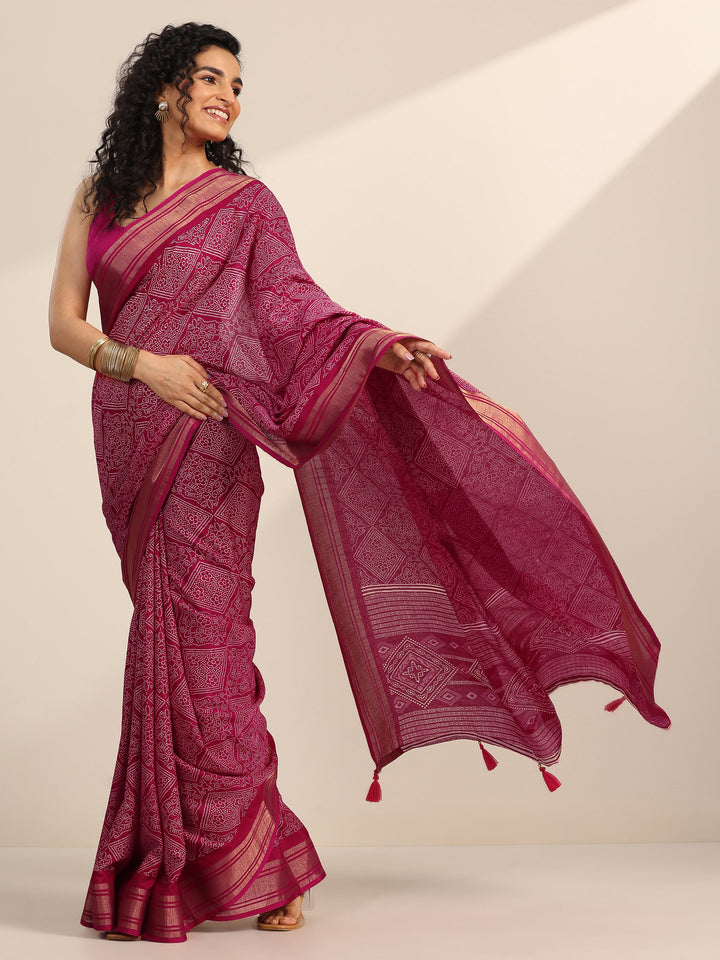 Pink Printed Silk Blend Saree With Unstitched Blouse Piece