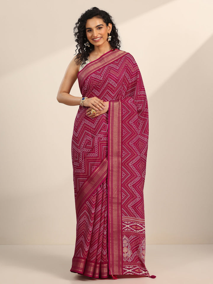 Pink Printed Silk Blend Saree With Unstitched Blouse Piece