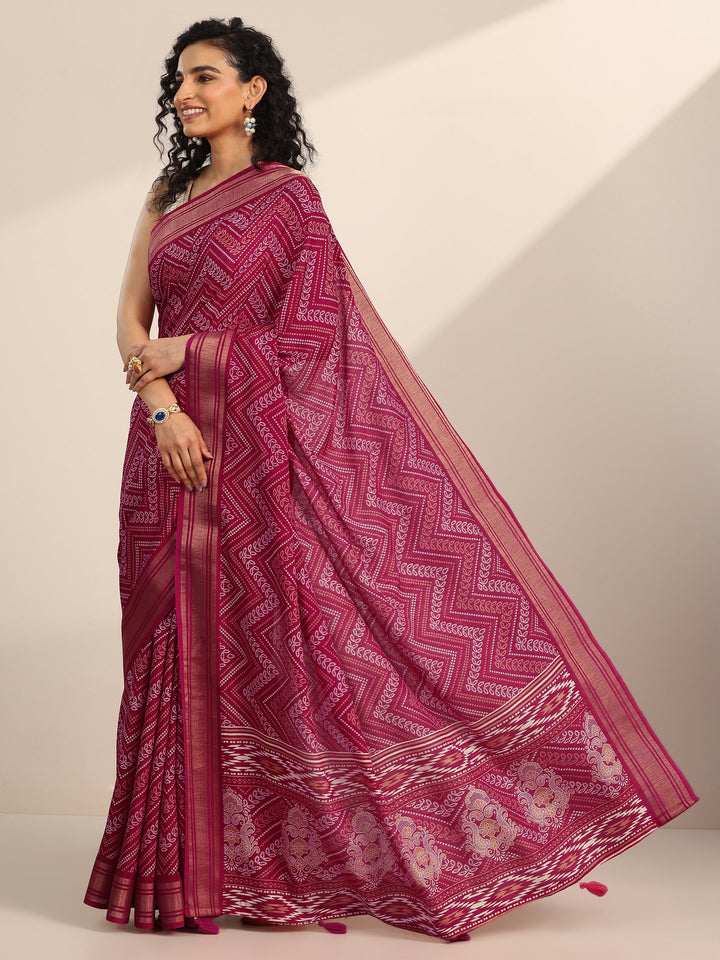 Pink Printed Silk Blend Saree With Unstitched Blouse Piece