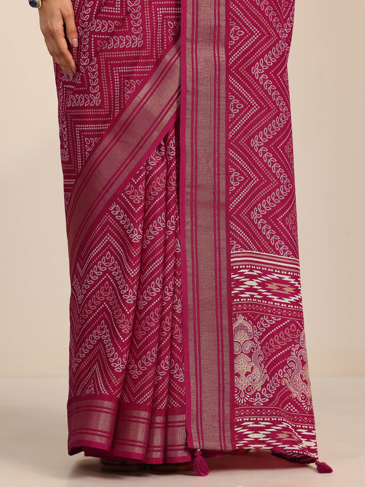 Pink Printed Silk Blend Saree With Unstitched Blouse Piece