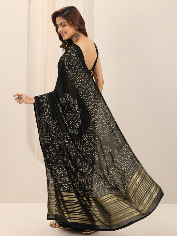 Black Printed Georgette Saree With Unstitched Blouse Piece
