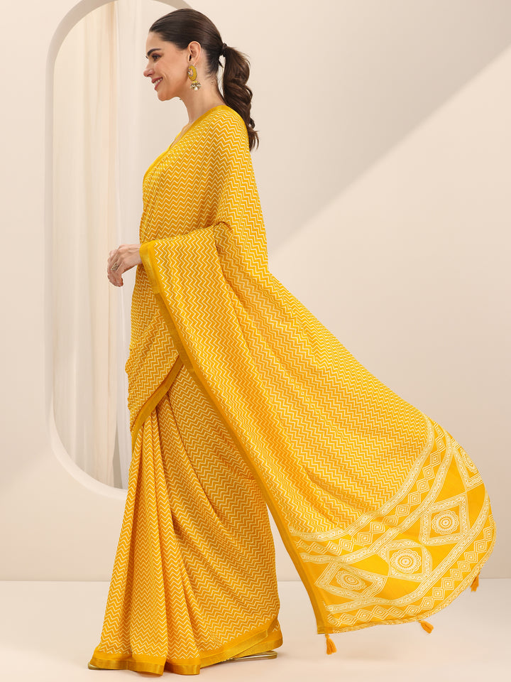 Yellow Printed Georgette Saree With Unstitched Blouse Piece