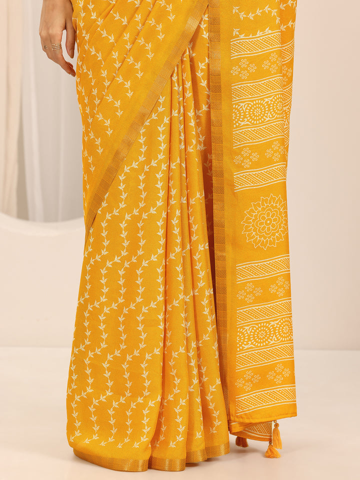 Mustard Printed Georgette Saree With Unstitched Blouse Piece