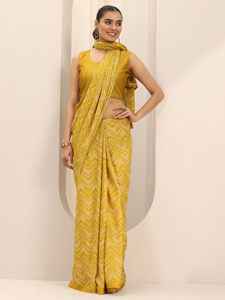 Mustard Printed Georgette Saree With Unstitched Blouse Piece