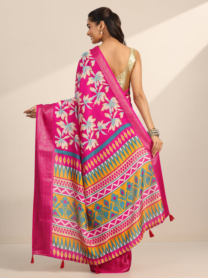 Pink Printed Silk Blend Saree With Unstitched Blouse Piece