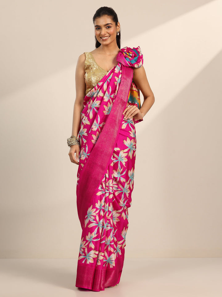 Pink Printed Silk Blend Saree With Unstitched Blouse Piece