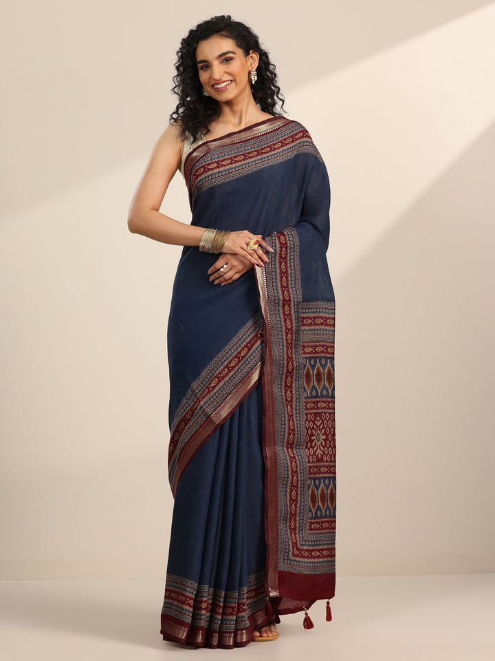 Blue Solid Cotton Silk Saree With Unstitched Blouse Piece