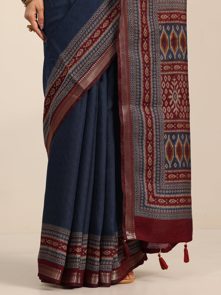 Blue Solid Cotton Silk Saree With Unstitched Blouse Piece