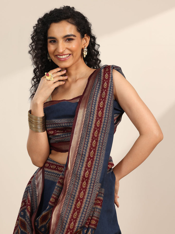 Blue Solid Cotton Silk Saree With Unstitched Blouse Piece