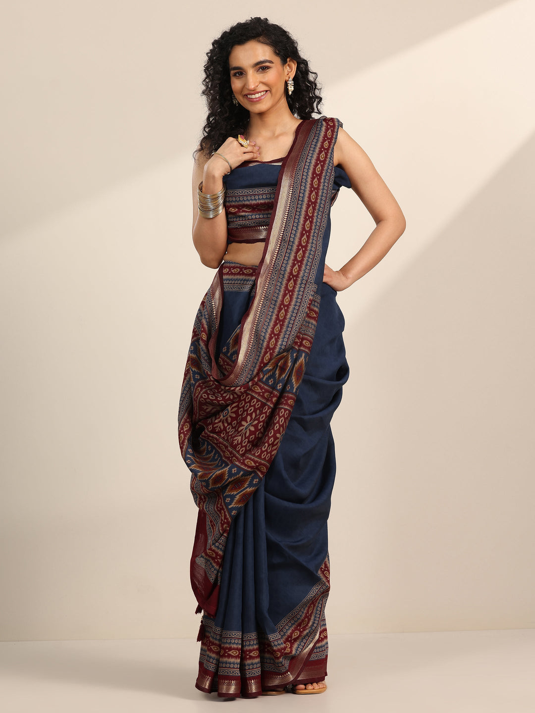 Blue Solid Cotton Silk Saree With Unstitched Blouse Piece