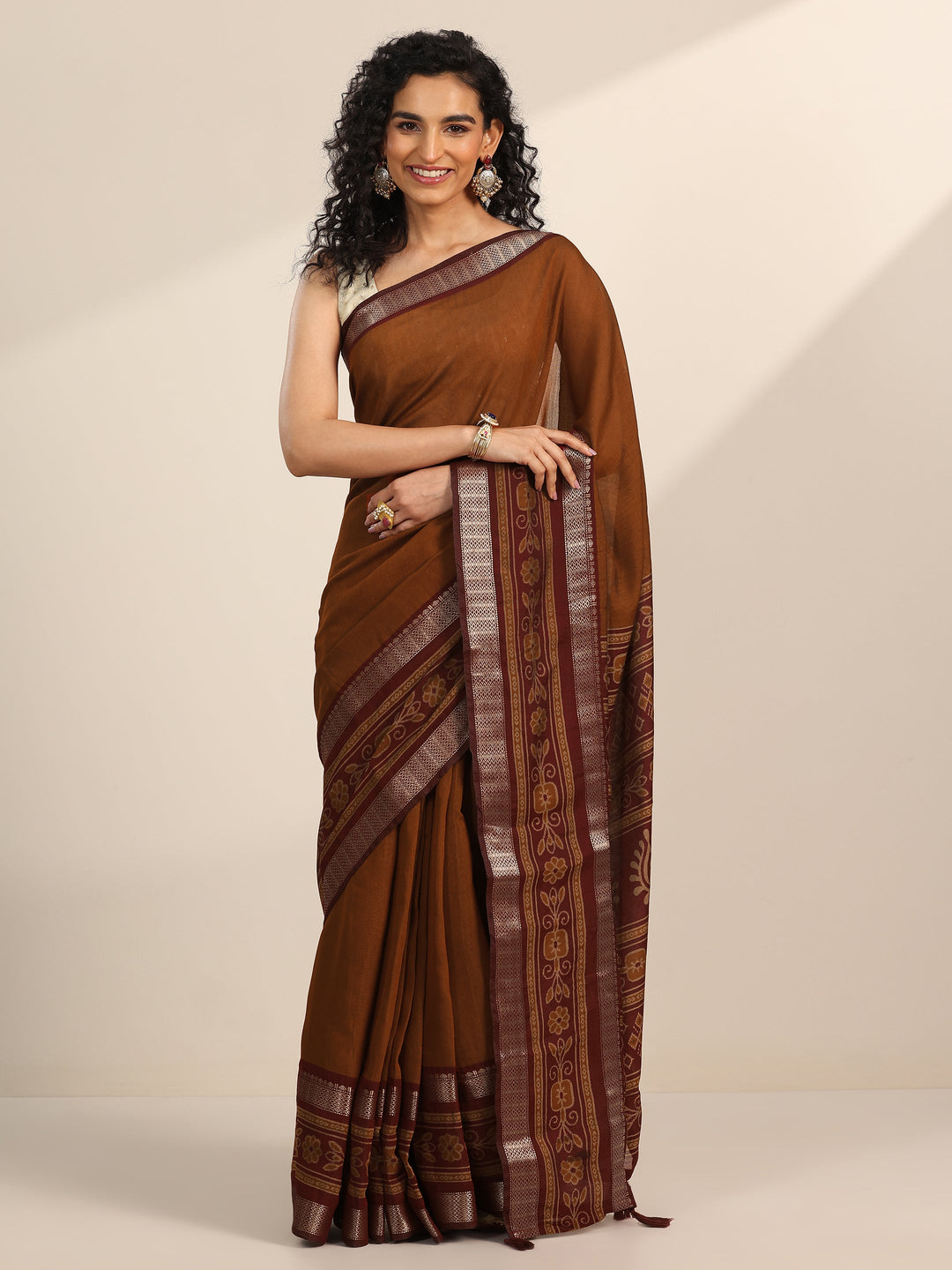 Rust Solid Cotton Silk Saree With Unstitched Blouse Piece