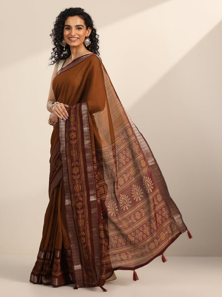 Rust Solid Cotton Silk Saree With Unstitched Blouse Piece